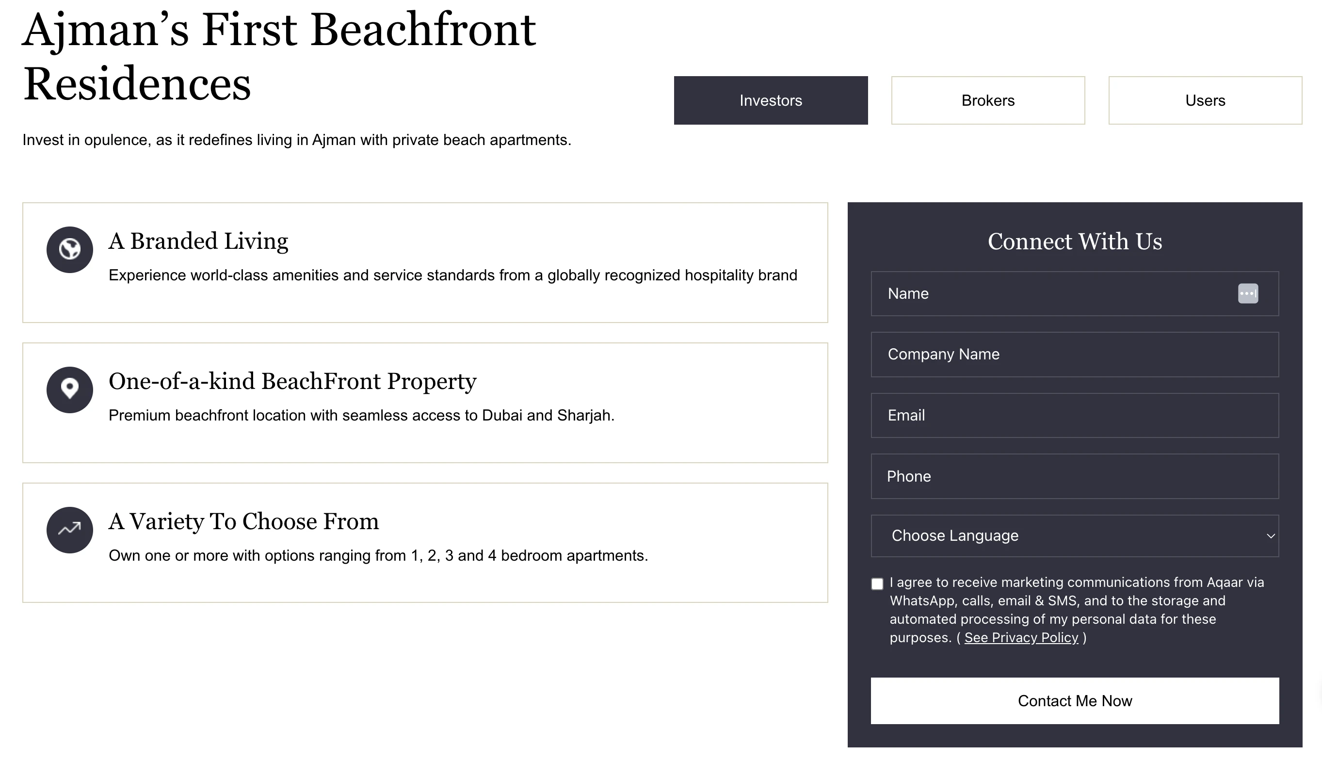 Dusit Thani Residences Ajman beachfront apartments landing page with investor form – web development and SEO by Prism Digital